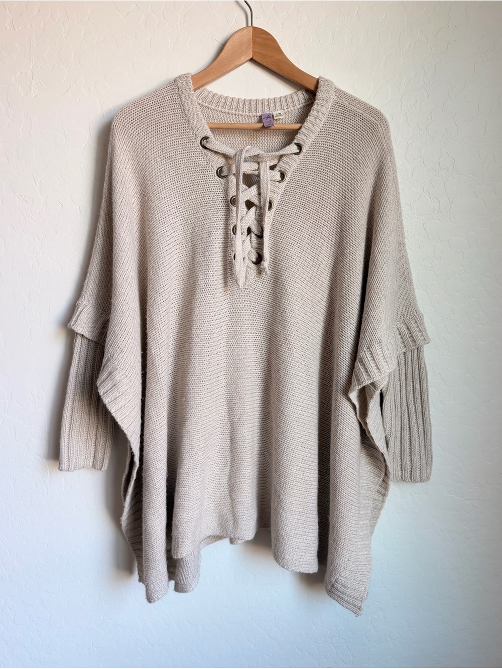 Oversized Chunky Knit Lace Up Poncho / Sweater Tunic